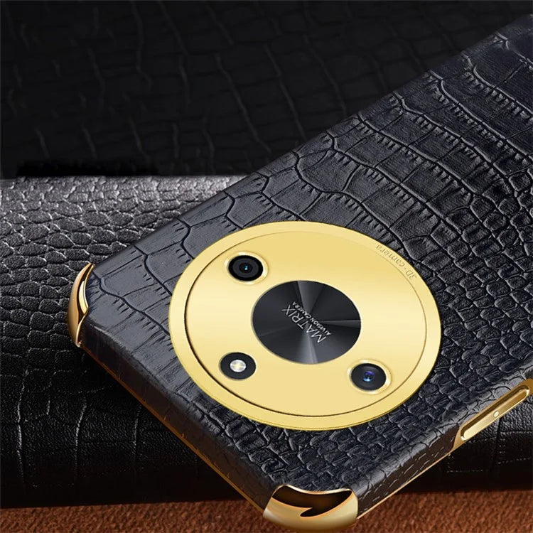 For Honor X50 Case 6D Electroplating Crocodile Texture Leather+TPU Phone Shell