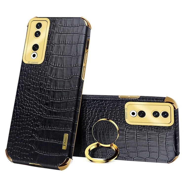 For Honor 90 Pro Case Crocodile Texture Leather+TPU Bump Proof Shell with Ring Kickstand