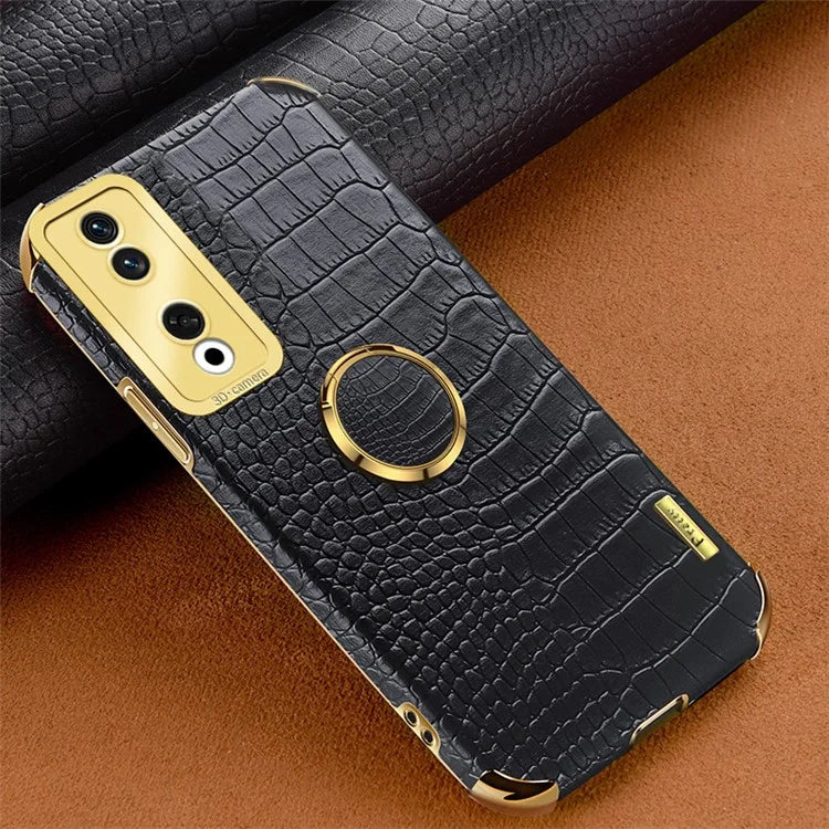For Honor 90 Pro Case Crocodile Texture Leather+TPU Bump Proof Shell with Ring Kickstand