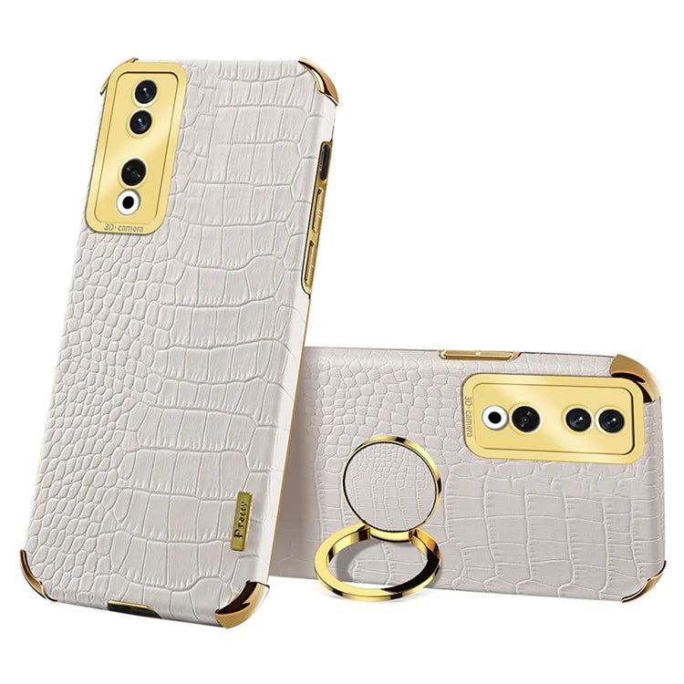 For Honor 90 Pro Case Crocodile Texture Leather+TPU Bump Proof Shell with Ring Kickstand