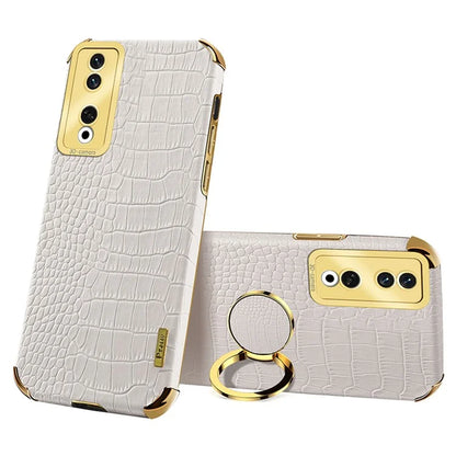 For Honor 90 Pro Case Crocodile Texture Leather+TPU Bump Proof Shell with Ring Kickstand