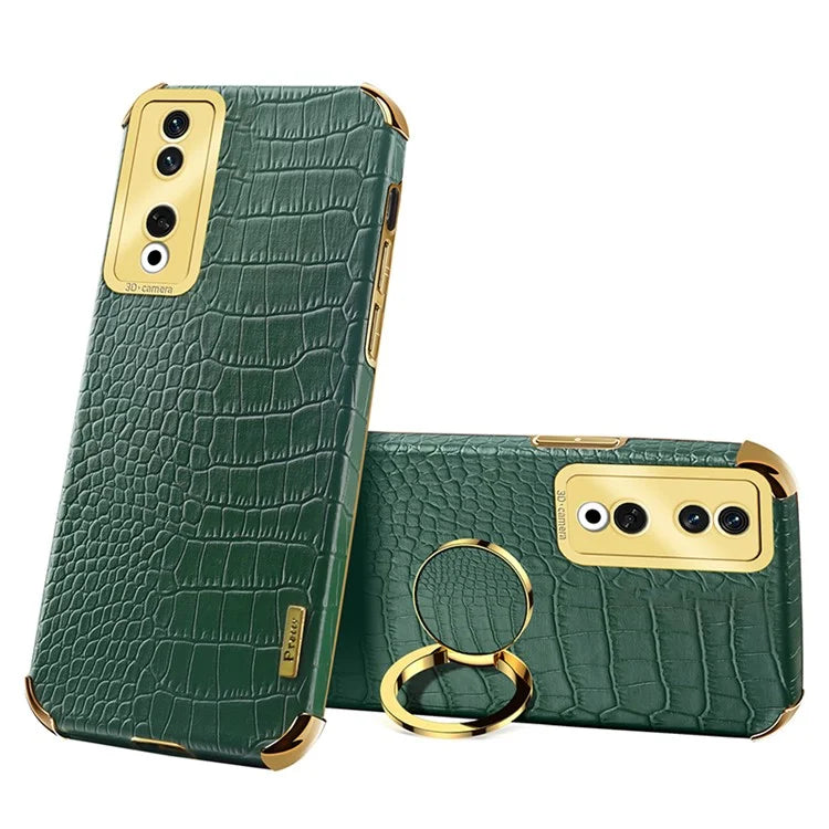 For Honor 90 Pro Case Crocodile Texture Leather+TPU Bump Proof Shell with Ring Kickstand