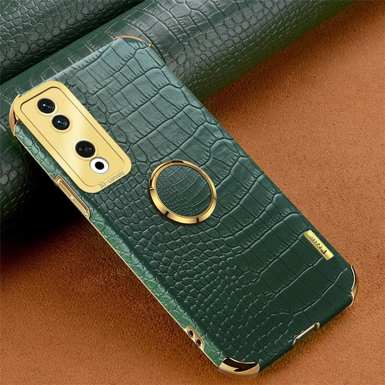 For Honor 90 Pro Case Crocodile Texture Leather+TPU Bump Proof Shell with Ring Kickstand