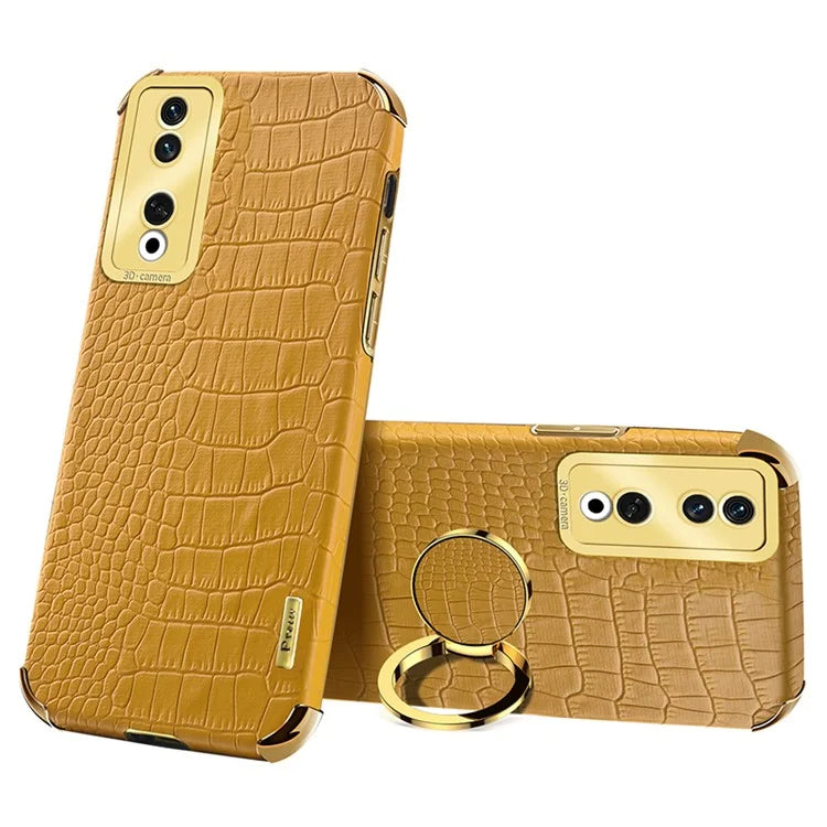 For Honor 90 Pro Case Crocodile Texture Leather+TPU Bump Proof Shell with Ring Kickstand