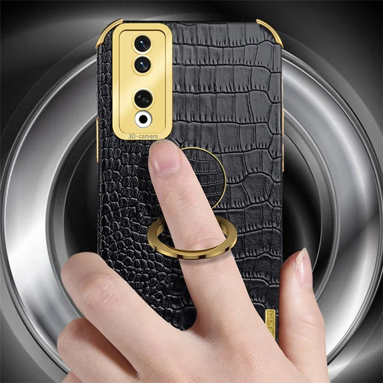For Honor 90 Pro Case Crocodile Texture Leather+TPU Bump Proof Shell with Ring Kickstand