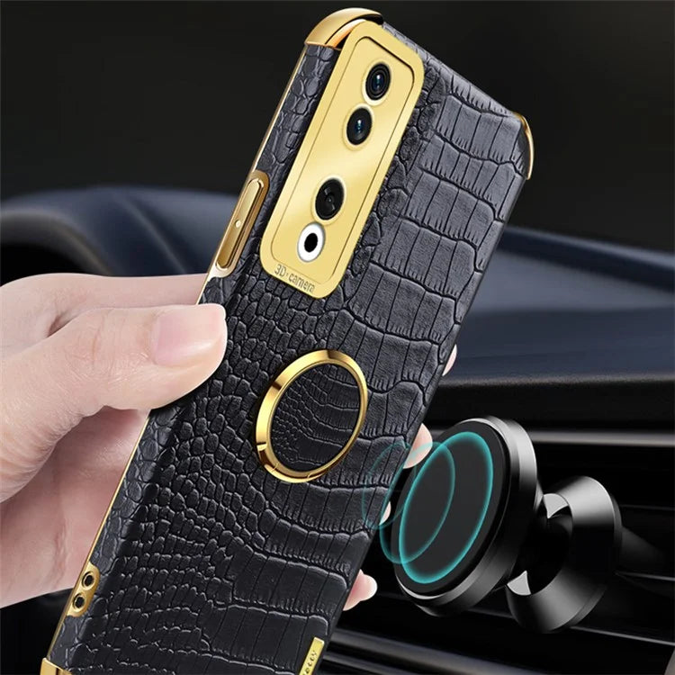 For Honor 90 Pro Case Crocodile Texture Leather+TPU Bump Proof Shell with Ring Kickstand