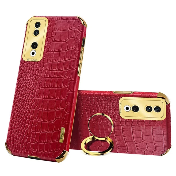 For Honor 90 Pro Case Crocodile Texture Leather+TPU Bump Proof Shell with Ring Kickstand