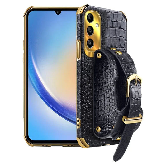 For Samsung Galaxy A34 5G Case Crocodile Texture PU Leather+TPU Phone Cover with Wristband