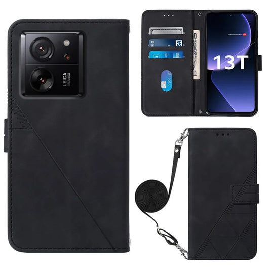 YB Imprinting Series-2 for Xiaomi 13T / 13T Pro / Redmi K60 Ultra Leather Case Stand Wallet Phone Cover with Shoulder Strap