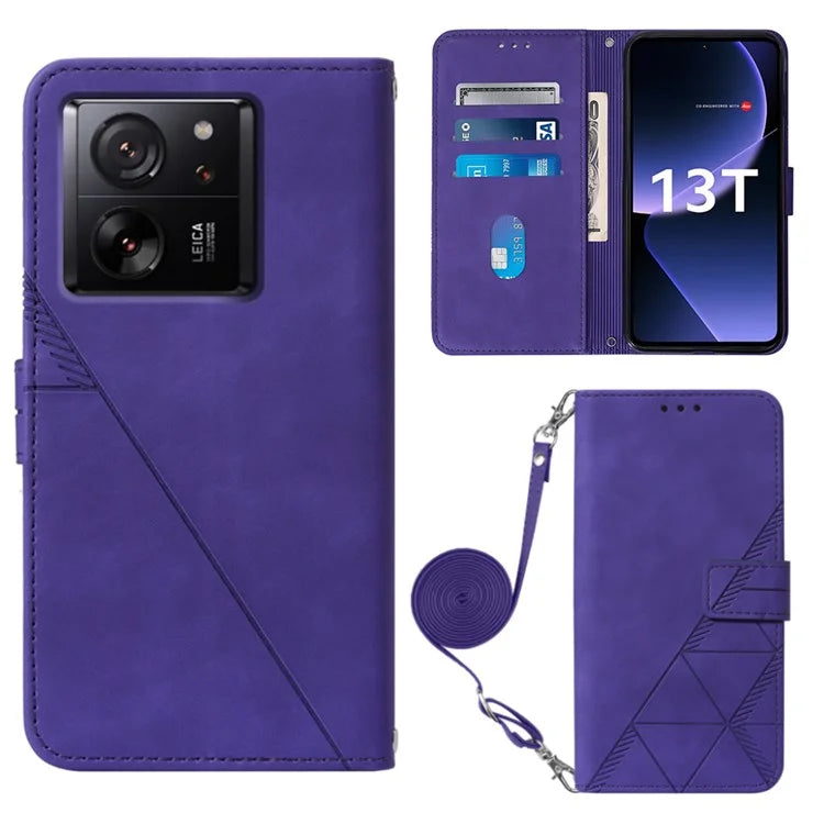 YB Imprinting Series-2 for Xiaomi 13T / 13T Pro / Redmi K60 Ultra Leather Case Stand Wallet Phone Cover with Shoulder Strap