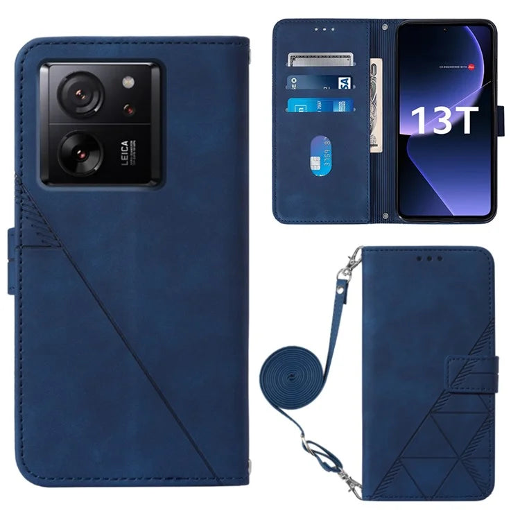YB Imprinting Series-2 for Xiaomi 13T / 13T Pro / Redmi K60 Ultra Leather Case Stand Wallet Phone Cover with Shoulder Strap