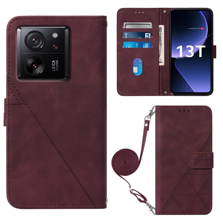 YB Imprinting Series-2 for Xiaomi 13T / 13T Pro / Redmi K60 Ultra Leather Case Stand Wallet Phone Cover with Shoulder Strap