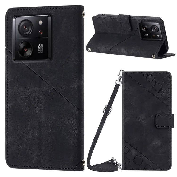 PT005 YB Imprinting Series-7 for Xiaomi 13T / 13T Pro / Redmi K60 Ultra Case Skin-touch Leather Stand Phone Cover with Long Strap