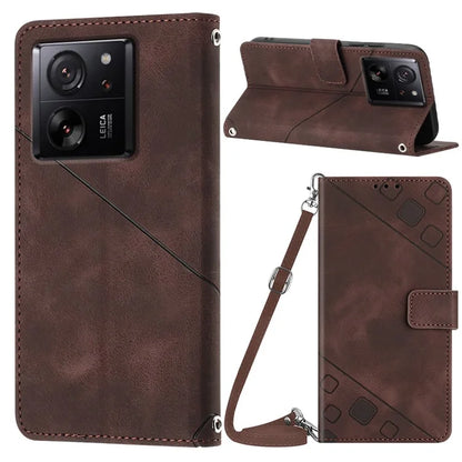 PT005 YB Imprinting Series-7 for Xiaomi 13T / 13T Pro / Redmi K60 Ultra Case Skin-touch Leather Stand Phone Cover with Long Strap