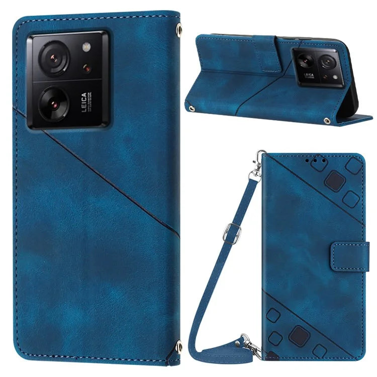 PT005 YB Imprinting Series-7 for Xiaomi 13T / 13T Pro / Redmi K60 Ultra Case Skin-touch Leather Stand Phone Cover with Long Strap