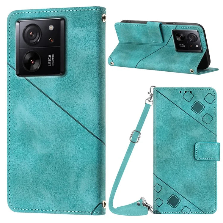 PT005 YB Imprinting Series-7 for Xiaomi 13T / 13T Pro / Redmi K60 Ultra Case Skin-touch Leather Stand Phone Cover with Long Strap