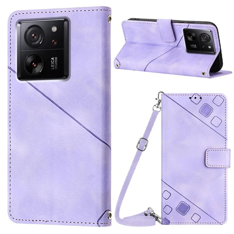 PT005 YB Imprinting Series-7 for Xiaomi 13T / 13T Pro / Redmi K60 Ultra Case Skin-touch Leather Stand Phone Cover with Long Strap