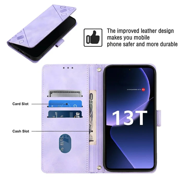 PT005 YB Imprinting Series-7 for Xiaomi 13T / 13T Pro / Redmi K60 Ultra Case Skin-touch Leather Stand Phone Cover with Long Strap