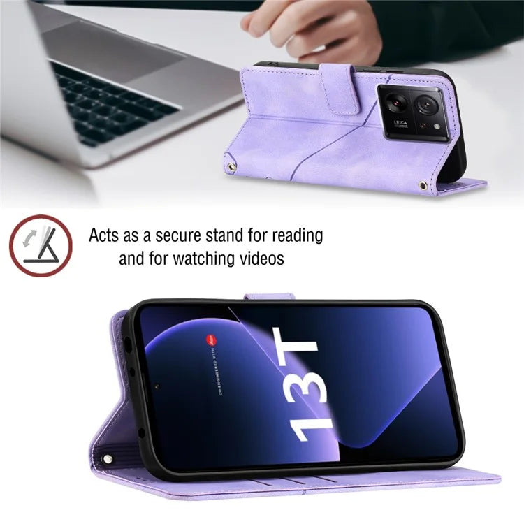 PT005 YB Imprinting Series-7 for Xiaomi 13T / 13T Pro / Redmi K60 Ultra Case Skin-touch Leather Stand Phone Cover with Long Strap