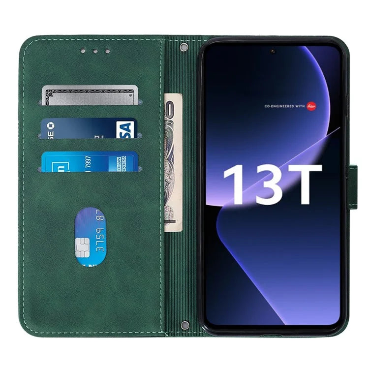 YB Imprinting Series-1 For Xiaomi 13T / 13T Pro / Redmi K60 Ultra Case PU Leather Wallet Phone Cover with Strapish Green