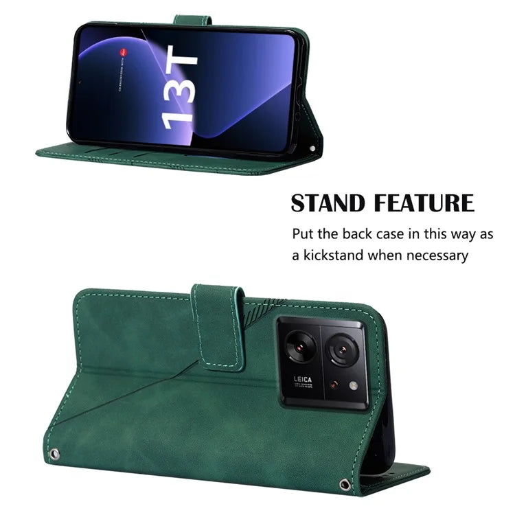 YB Imprinting Series-1 For Xiaomi 13T / 13T Pro / Redmi K60 Ultra Case PU Leather Wallet Phone Cover with Strapish Green