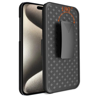 For iPhone 15 Pro Case Woven Texture Clip Kickstand PC+TPU Sliding Screen Cover Phone Shell