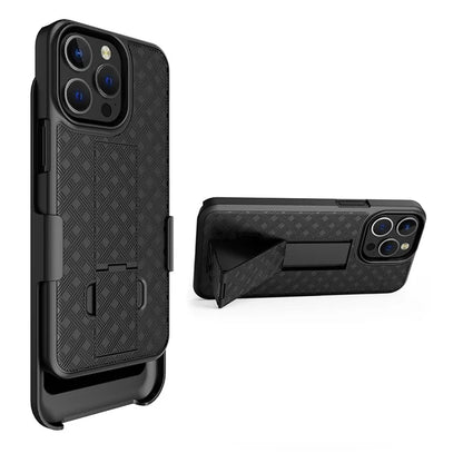 For iPhone 15 Pro Case Woven Texture Clip Kickstand PC+TPU Sliding Screen Cover Phone Shell