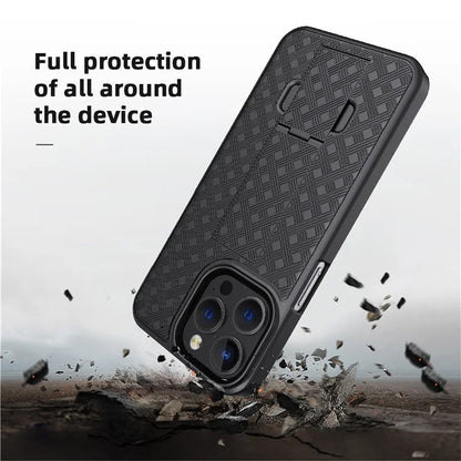 For iPhone 15 Pro Case Woven Texture Clip Kickstand PC+TPU Sliding Screen Cover Phone Shell