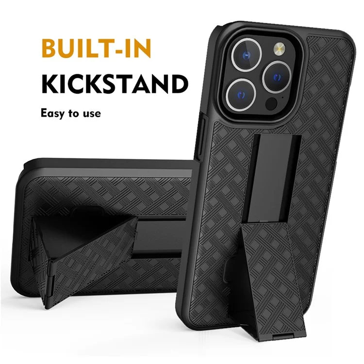For iPhone 15 Pro Case Woven Texture Clip Kickstand PC+TPU Sliding Screen Cover Phone Shell