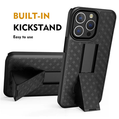 For iPhone 15 Pro Case Woven Texture Clip Kickstand PC+TPU Sliding Screen Cover Phone Shell