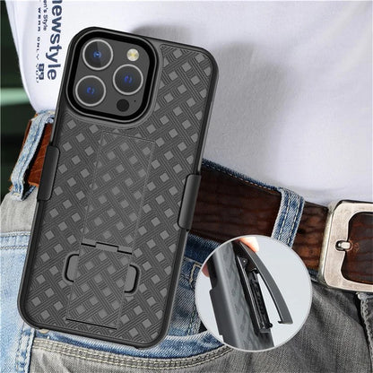 For iPhone 15 Pro Case Woven Texture Clip Kickstand PC+TPU Sliding Screen Cover Phone Shell