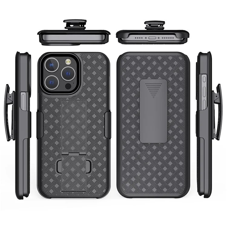 For iPhone 15 Pro Case Woven Texture Clip Kickstand PC+TPU Sliding Screen Cover Phone Shell