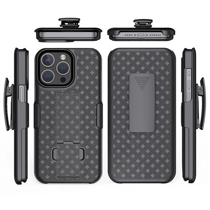 For iPhone 15 Pro Case Woven Texture Clip Kickstand PC+TPU Sliding Screen Cover Phone Shell