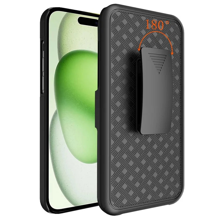 For iPhone 15 Plus Case PC+TPU Sliding Screen Cover Kickstand Phone Shell with Rotatable Clip