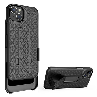 For iPhone 15 Plus Case PC+TPU Sliding Screen Cover Kickstand Phone Shell with Rotatable Clip