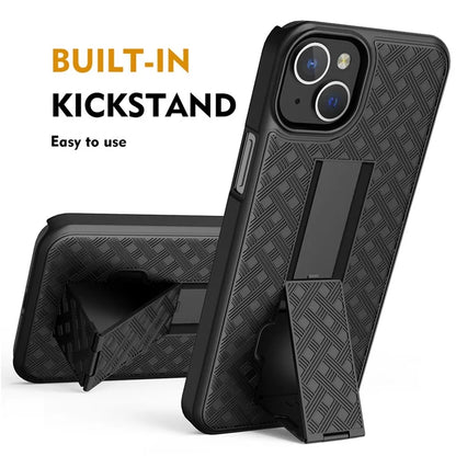 For iPhone 15 Plus Case PC+TPU Sliding Screen Cover Kickstand Phone Shell with Rotatable Clip
