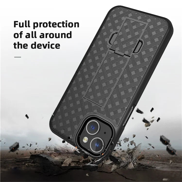 For iPhone 15 Plus Case PC+TPU Sliding Screen Cover Kickstand Phone Shell with Rotatable Clip