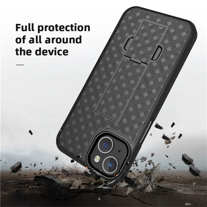 For iPhone 15 Plus Case PC+TPU Sliding Screen Cover Kickstand Phone Shell with Rotatable Clip