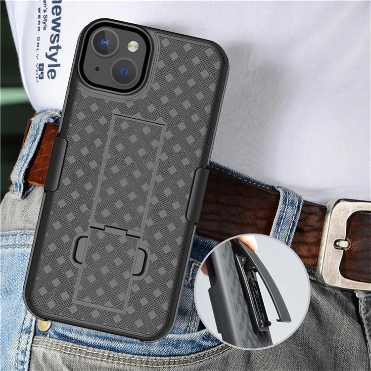 For iPhone 15 Plus Case PC+TPU Sliding Screen Cover Kickstand Phone Shell with Rotatable Clip