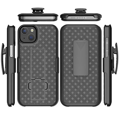 For iPhone 15 Plus Case PC+TPU Sliding Screen Cover Kickstand Phone Shell with Rotatable Clip