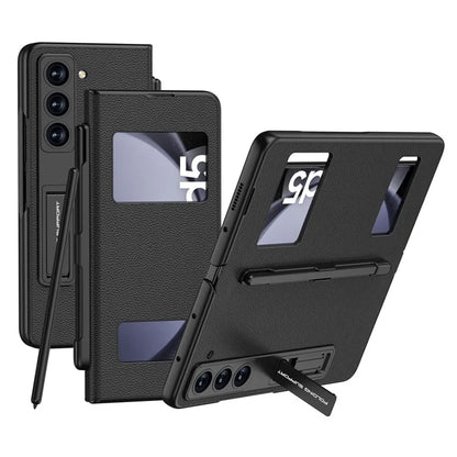 GKK For Samsung Galaxy Z Fold5 5G PC Case Kickstand Leather Flip Phone Cover with Pen Slot