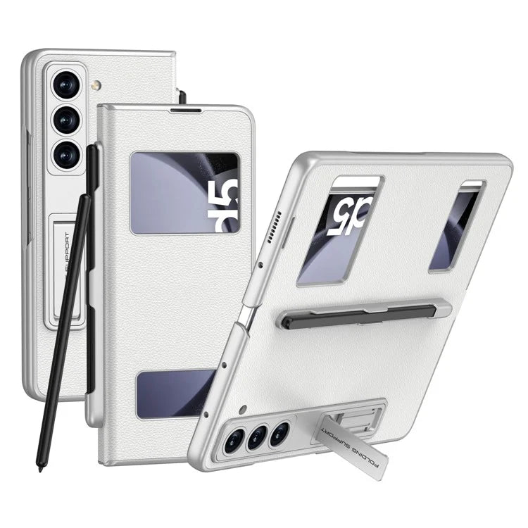 GKK For Samsung Galaxy Z Fold5 5G PC Case Kickstand Leather Flip Phone Cover with Pen Slot
