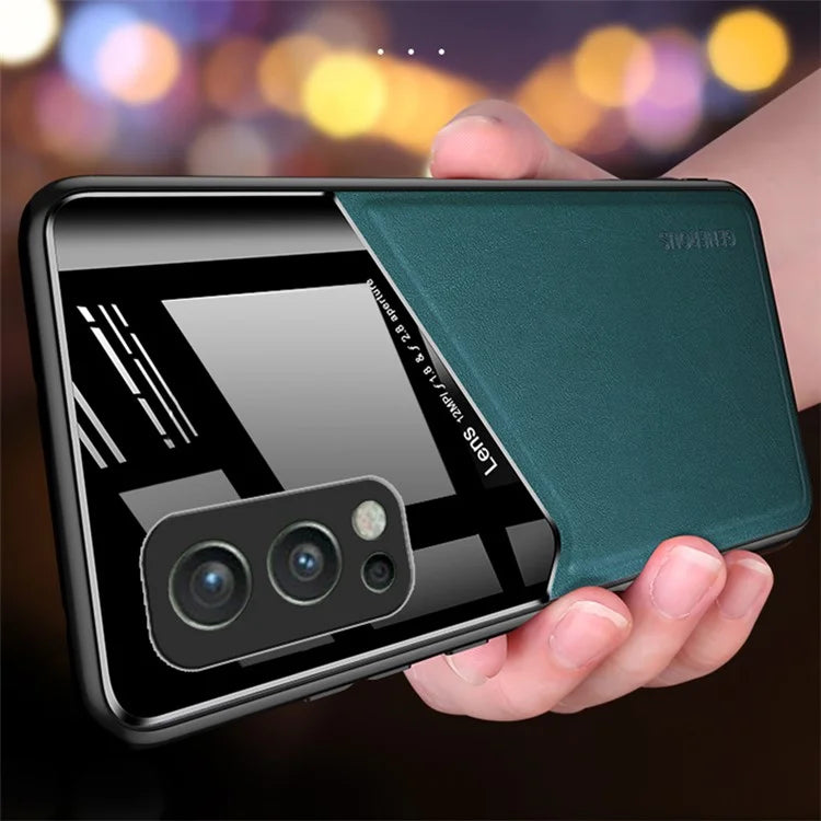For OnePlus Nord 2 5G Case Leather+TPU+PC Smartphone Cover with Car Mount Metal Sheet