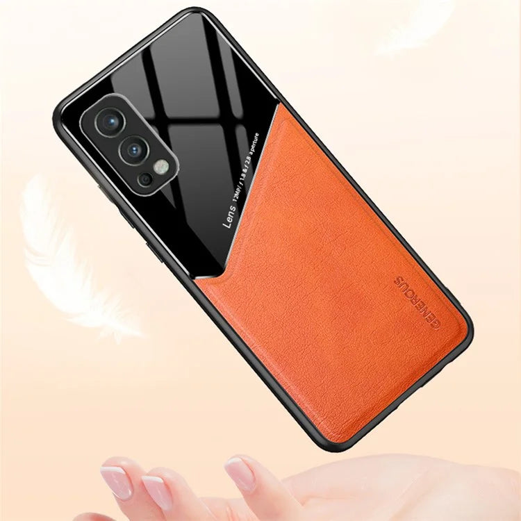 For OnePlus Nord 2 5G Case Leather+TPU+PC Smartphone Cover with Car Mount Metal Sheet