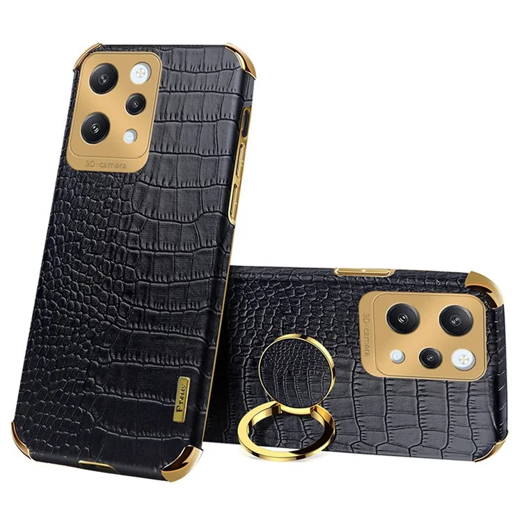 For Xiaomi Redmi 12 4G Case Crocodile Texture Ring Kickstand Leather+TPU Phone Cover