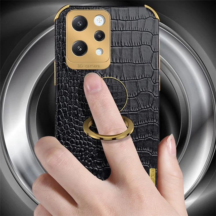 For Xiaomi Redmi 12 4G Case Crocodile Texture Ring Kickstand Leather+TPU Phone Cover