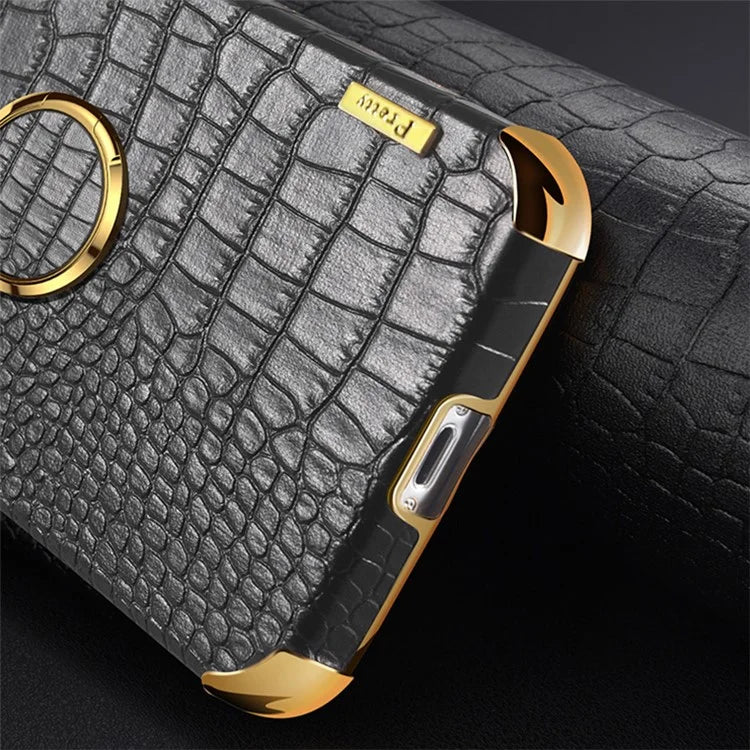 For Xiaomi Redmi 12 4G Case Crocodile Texture Ring Kickstand Leather+TPU Phone Cover