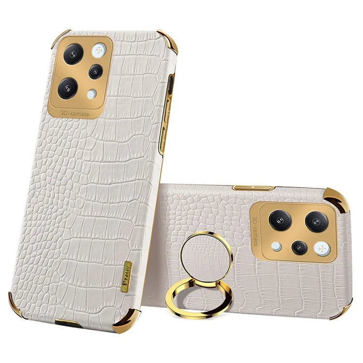 For Xiaomi Redmi 12 4G Case Crocodile Texture Ring Kickstand Leather+TPU Phone Cover