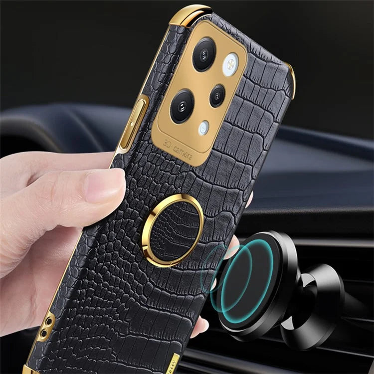 For Xiaomi Redmi 12 4G Case Crocodile Texture Ring Kickstand Leather+TPU Phone Cover