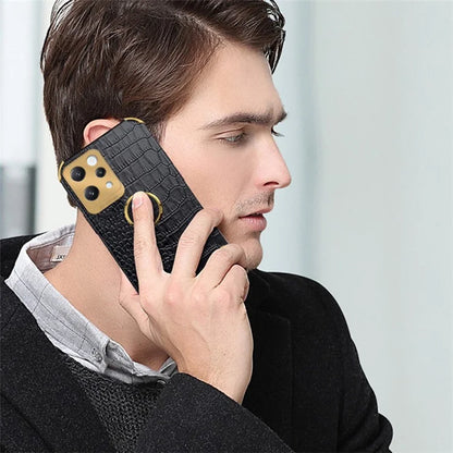 For Xiaomi Redmi 12 4G Case Crocodile Texture Ring Kickstand Leather+TPU Phone Cover